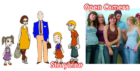 A la izquierda dibujo de la familia de Brian (padre, madre, dos hermanas y Brian), sobre impreso el texto StoryLine. A la derecha fotograf�a con 6 de los alumnos que han colaborado en varios de los videos educativos, sobre impreso el texto Open Camera.