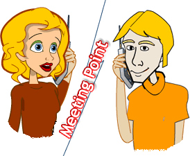 Dibujo de Brian y una chica hablando por tel�fono. Sobreimpreso texto: MeetingPoint