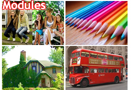 Mosaico de 4 fotograf�as: familia sentada sobre una barra en jard�n, l�pices de colores, casa de campo y bus rojo t�pico de Londres. Sobreimpreso el texto Modules 