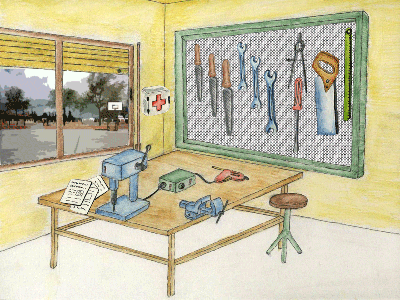 Dibujo del rinc�n de un taller de tecnolog�a con un panel de herramientas